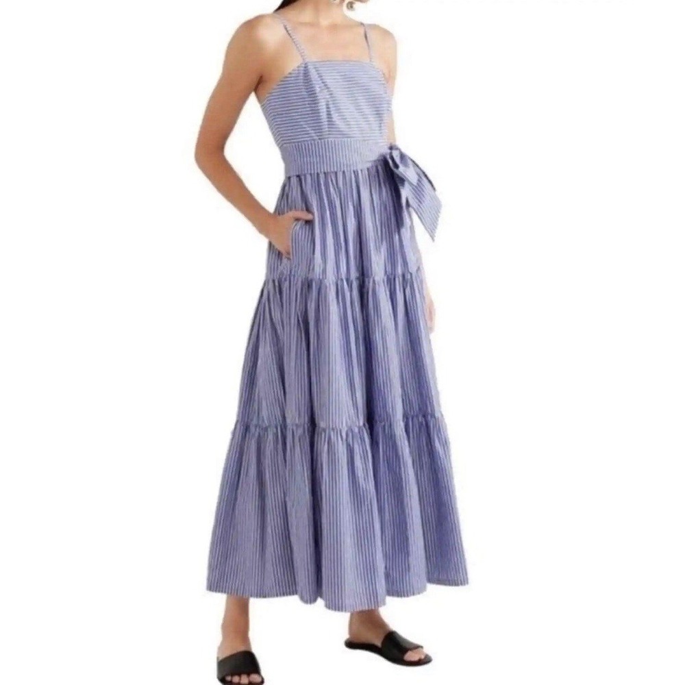 J Crew Garratt Blue White Striped Maxi Dress 00 Poplin Tiered Ruffle Coastal - Picture 9 of 16